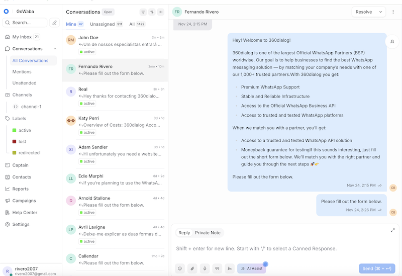 WhatsApp Agent Inbox interface